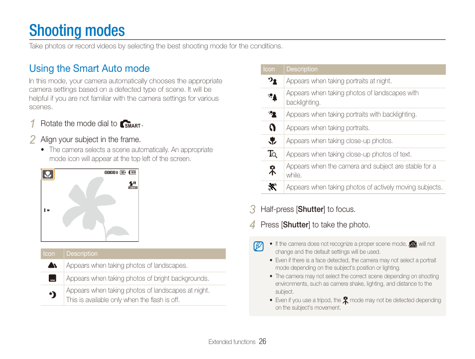 Shooting modes, Using the smart auto mode, Using the smart auto mode ……………………………… 26 | Samsung SL720 User Manual | Page 27 / 96