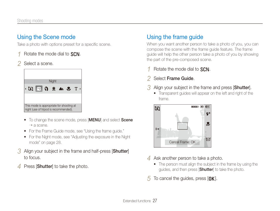 Using the scene mode, Using the frame guide, Using the scene mode ……………………………………… 27 | Using the frame guide ……………………………………… 27 | Samsung SL720 User Manual | Page 28 / 96