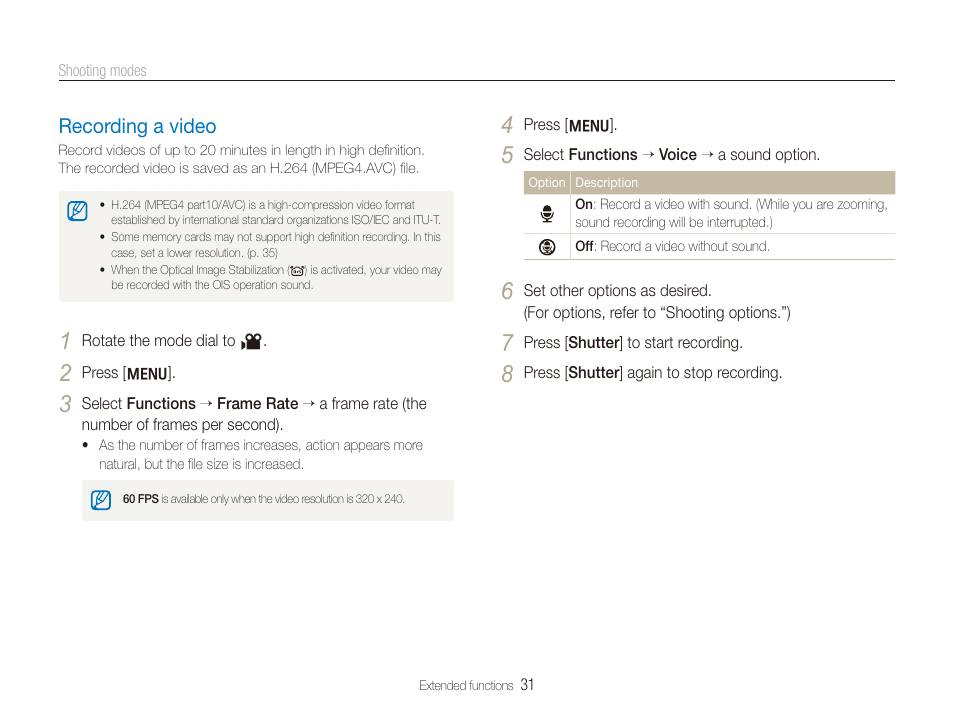 Recording a video, Recording a video …………………………………………… 31 | Samsung SL720 User Manual | Page 32 / 96