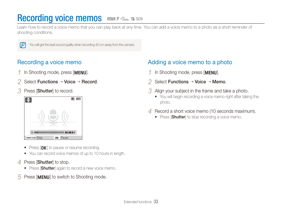 Recording voice memos, Recording a voice memo, Adding a voice memo to a photo | Recording a voice memo …………………………………… 33, Adding a voice memo to a photo ………………………… 33 | Samsung SL720 User Manual | Page 34 / 96