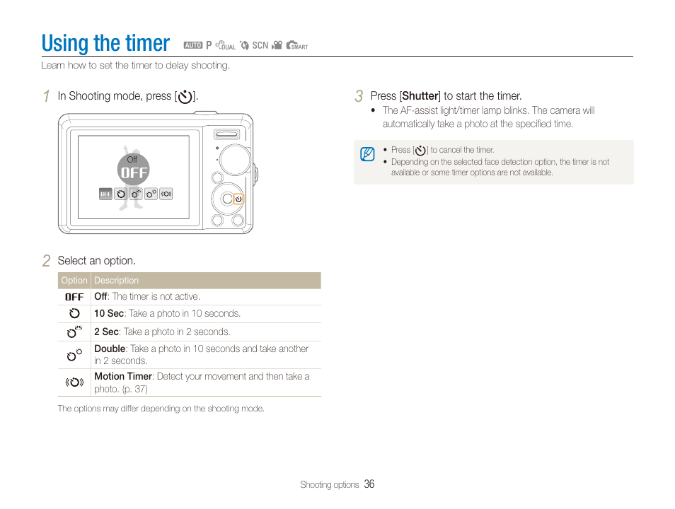 Using the timer | Samsung SL720 User Manual | Page 37 / 96