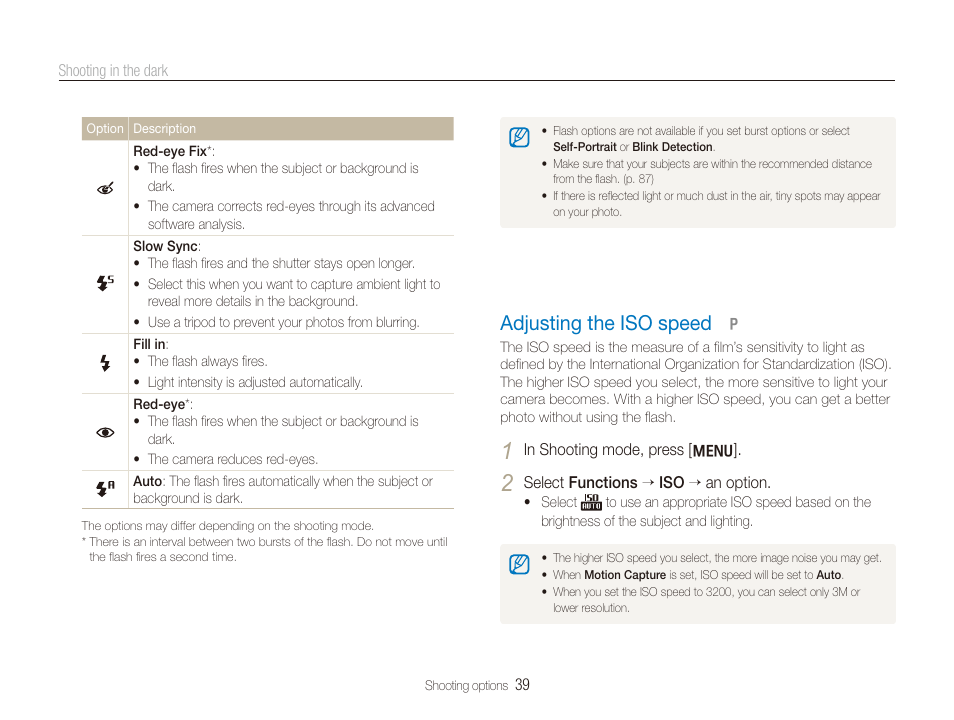 Adjusting the iso speed, Set iso speed options. (p, Adjusting the iso speed ……………………… 39 | Samsung SL720 User Manual | Page 40 / 96