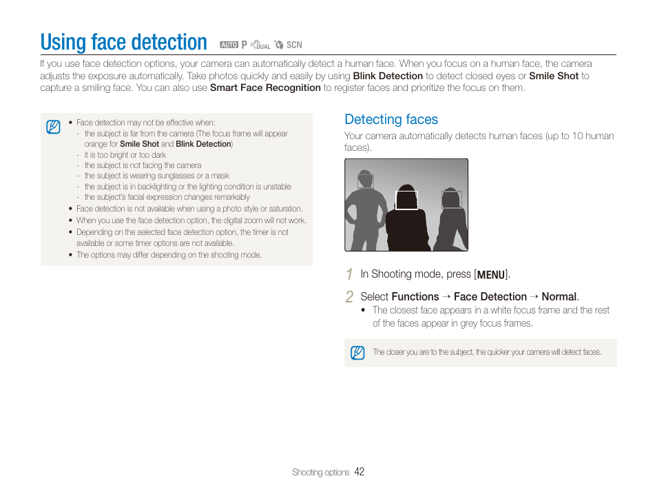 Using face detection, Detecting faces, Detecting faces ………………………………… 42 | Samsung SL720 User Manual | Page 43 / 96