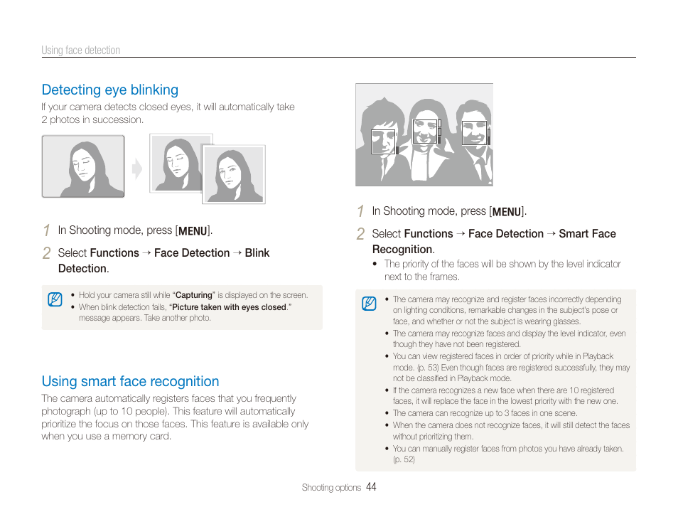 Detecting eye blinking, Using smart face recognition, Detecting eye blinking ………………………… 44 | Using smart face recognition ………………… 44 | Samsung SL720 User Manual | Page 45 / 96