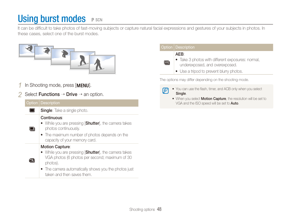 Using burst modes | Samsung SL720 User Manual | Page 49 / 96