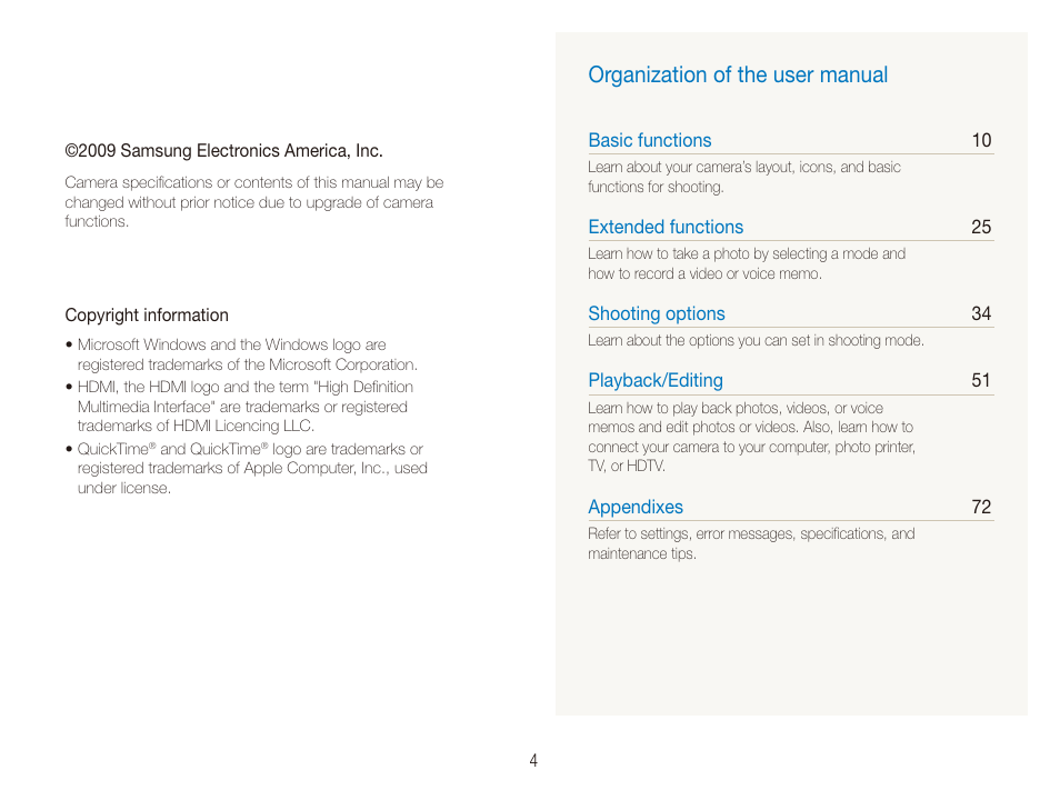 Organization of the user manual | Samsung SL720 User Manual | Page 5 / 96