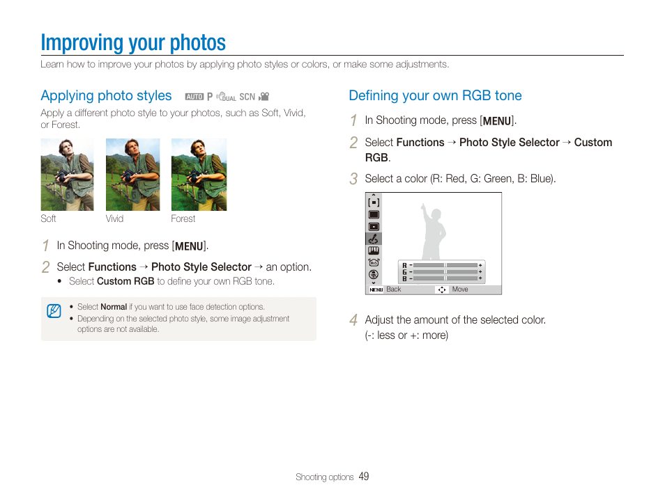 Improving your photos, Applying photo styles, Defining your own rgb tone | Deﬁning your own rgb tone, Applying photo styles ………………………… 49, Deﬁning your own rgb tone ………………… 49 | Samsung SL720 User Manual | Page 50 / 96