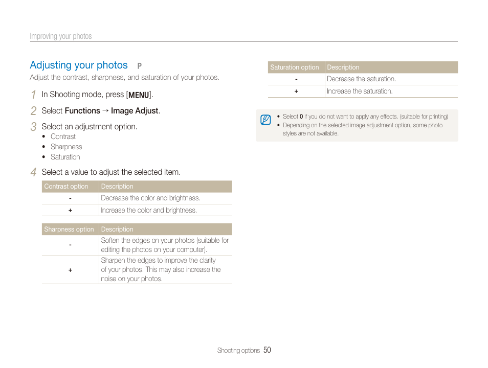 Adjusting your photos, Adjusting your photos ………………………… 50 | Samsung SL720 User Manual | Page 51 / 96