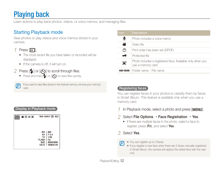 Playing back, Starting playback mode, Starting playback mode …………………………………… 52 | Samsung SL720 User Manual | Page 53 / 96