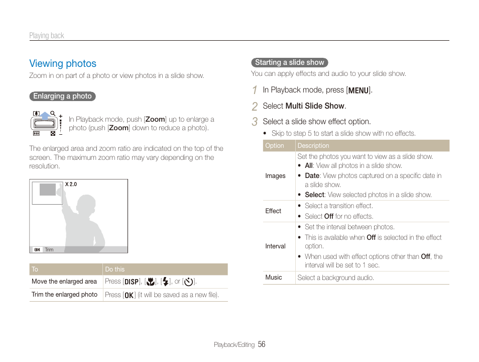 Viewing photos, Viewing photos ……………………………………………… 56 | Samsung SL720 User Manual | Page 57 / 96