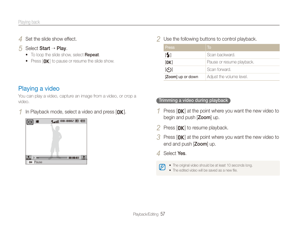 Playing a video, Playing a video ……………………………………………… 57 | Samsung SL720 User Manual | Page 58 / 96