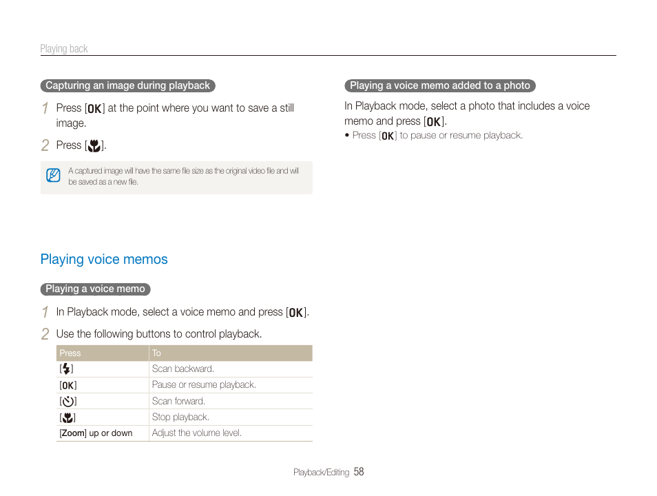 Playing voice memos, Playing voice memos ……………………………………… 58 | Samsung SL720 User Manual | Page 59 / 96