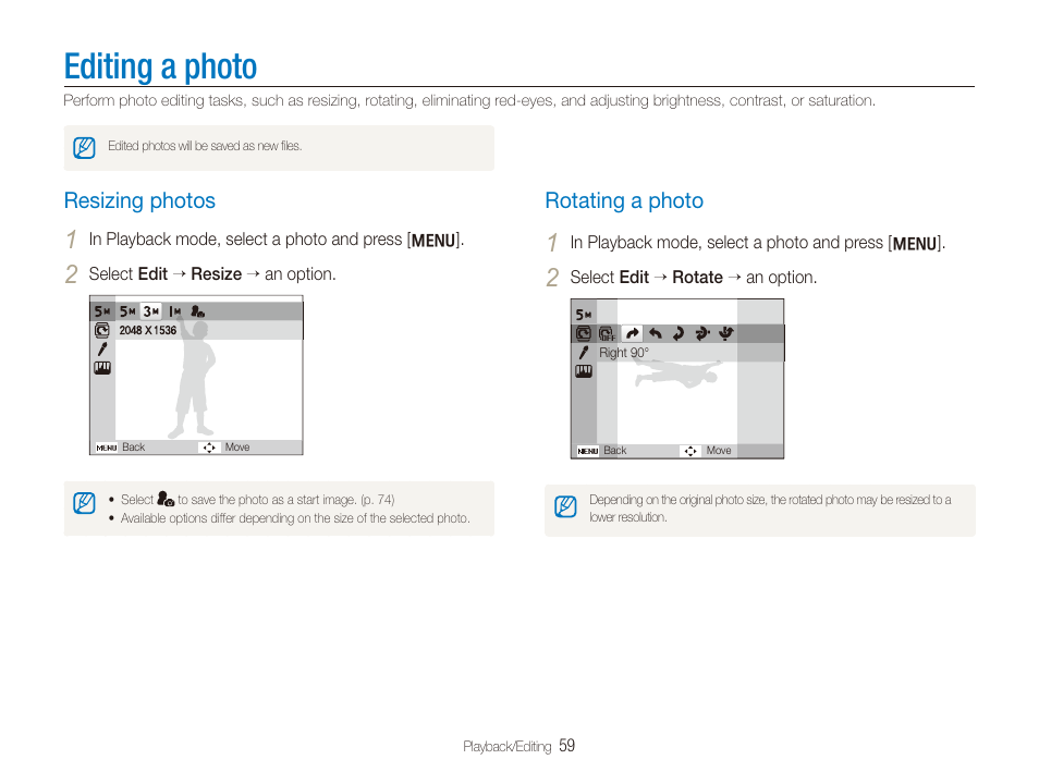 Editing a photo, Resizing photos, Rotating a photo | Resizing photos …………………………………………… 59, Rotating a photo …………………………………………… 59 | Samsung SL720 User Manual | Page 60 / 96