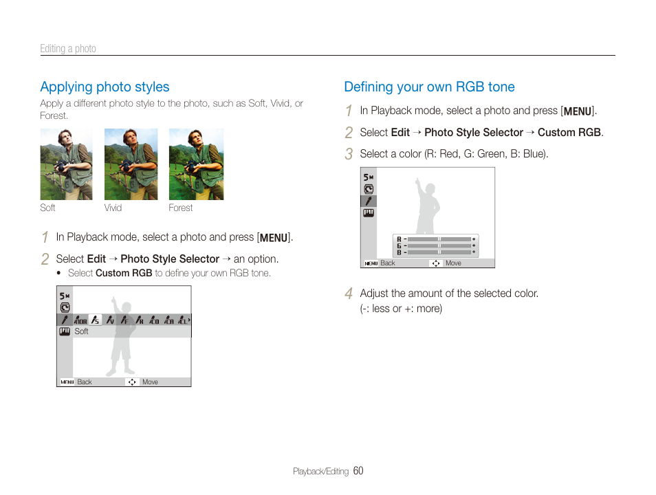 Applying photo styles, Defining your own rgb tone, Deﬁning your own rgb tone | Applying photo styles ……………………………………… 60, Deﬁning your own rgb tone ……………………………… 60 | Samsung SL720 User Manual | Page 61 / 96