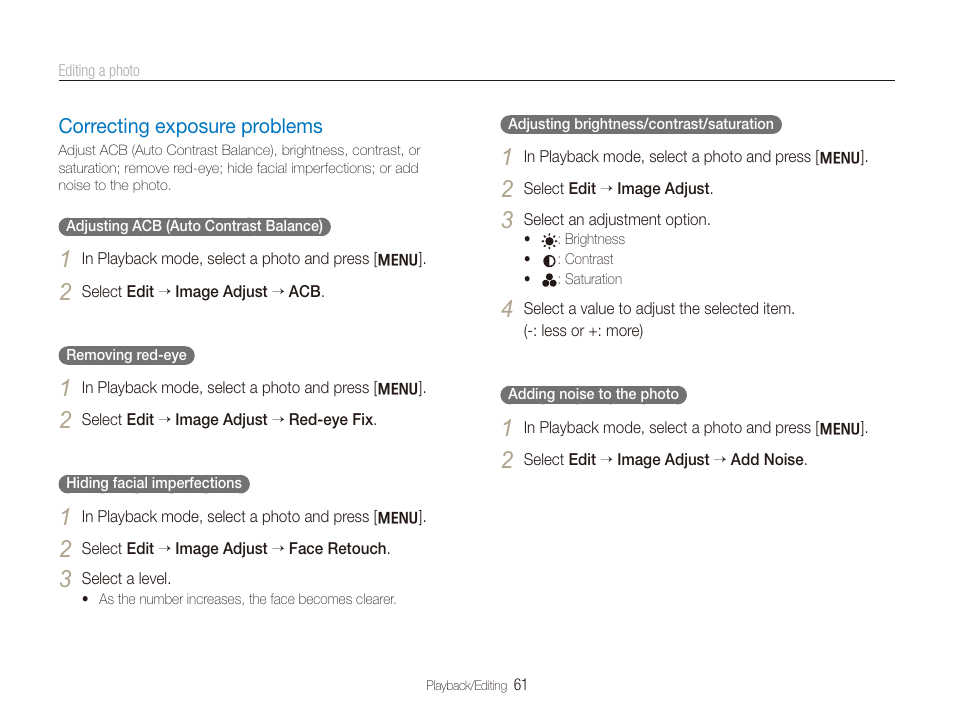 Correcting exposure problems, Correcting exposure problems …………………………… 61 | Samsung SL720 User Manual | Page 62 / 96