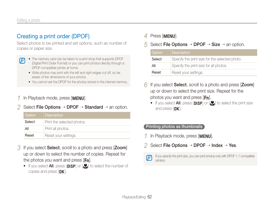 Creating a print order (dpof), Creating a print order (dpof) ……………………………… 62 | Samsung SL720 User Manual | Page 63 / 96