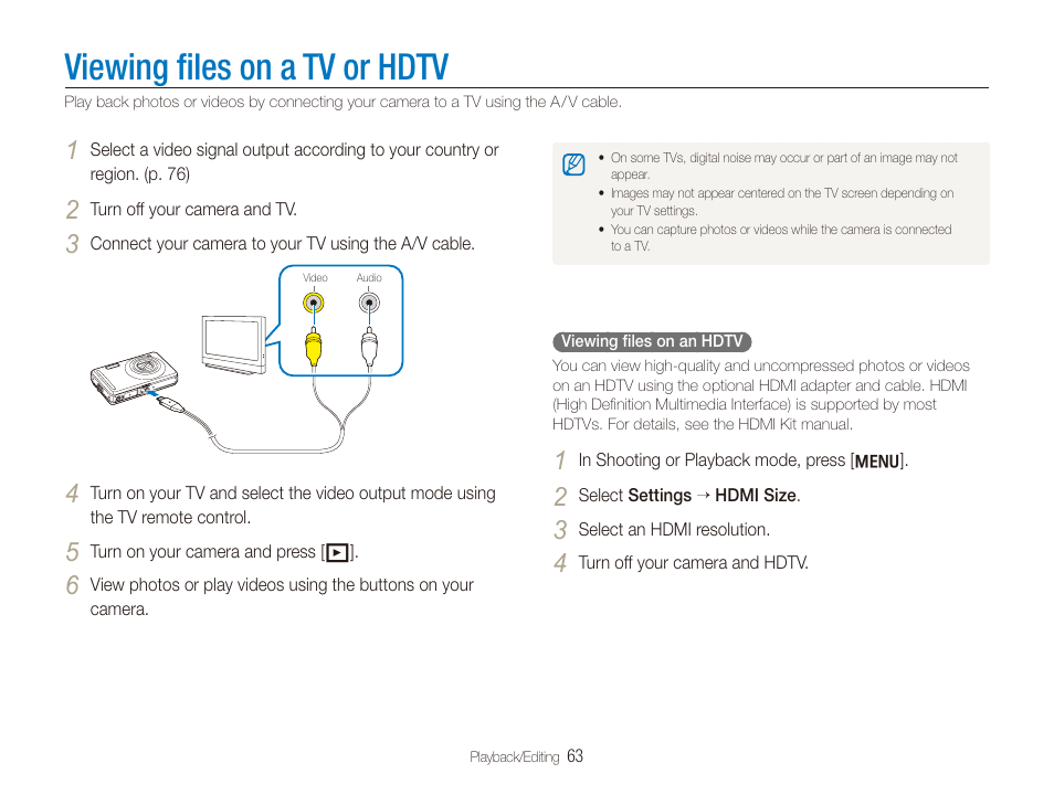 Viewing files on a tv or hdtv, Viewing ﬁles on a tv or hdtv | Samsung SL720 User Manual | Page 64 / 96