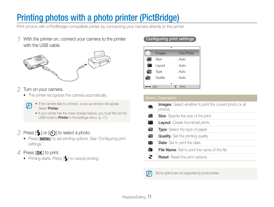 Printing photos with a photo printer (pictbridge) | Samsung SL720 User Manual | Page 72 / 96