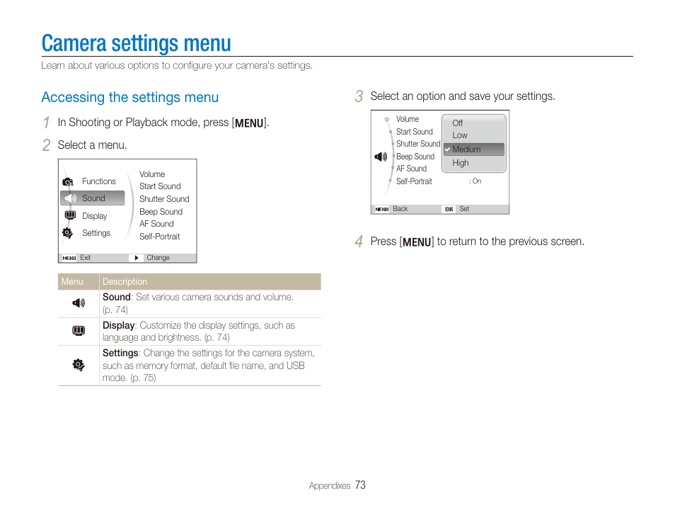 Camera settings menu, Accessing the settings menu, Accessing the settings menu ……………………………… 73 | Samsung SL720 User Manual | Page 74 / 96