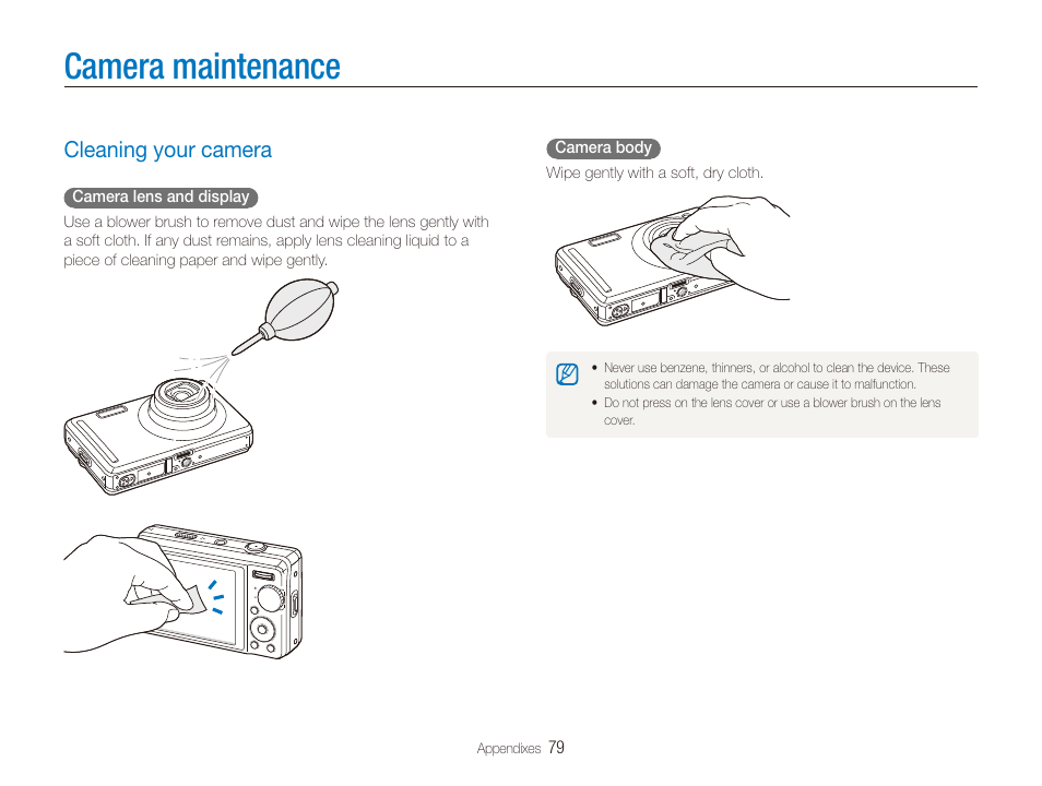 Camera maintenance, Cleaning your camera, Cleaning your camera ……………………………………… 79 | Samsung SL720 User Manual | Page 80 / 96