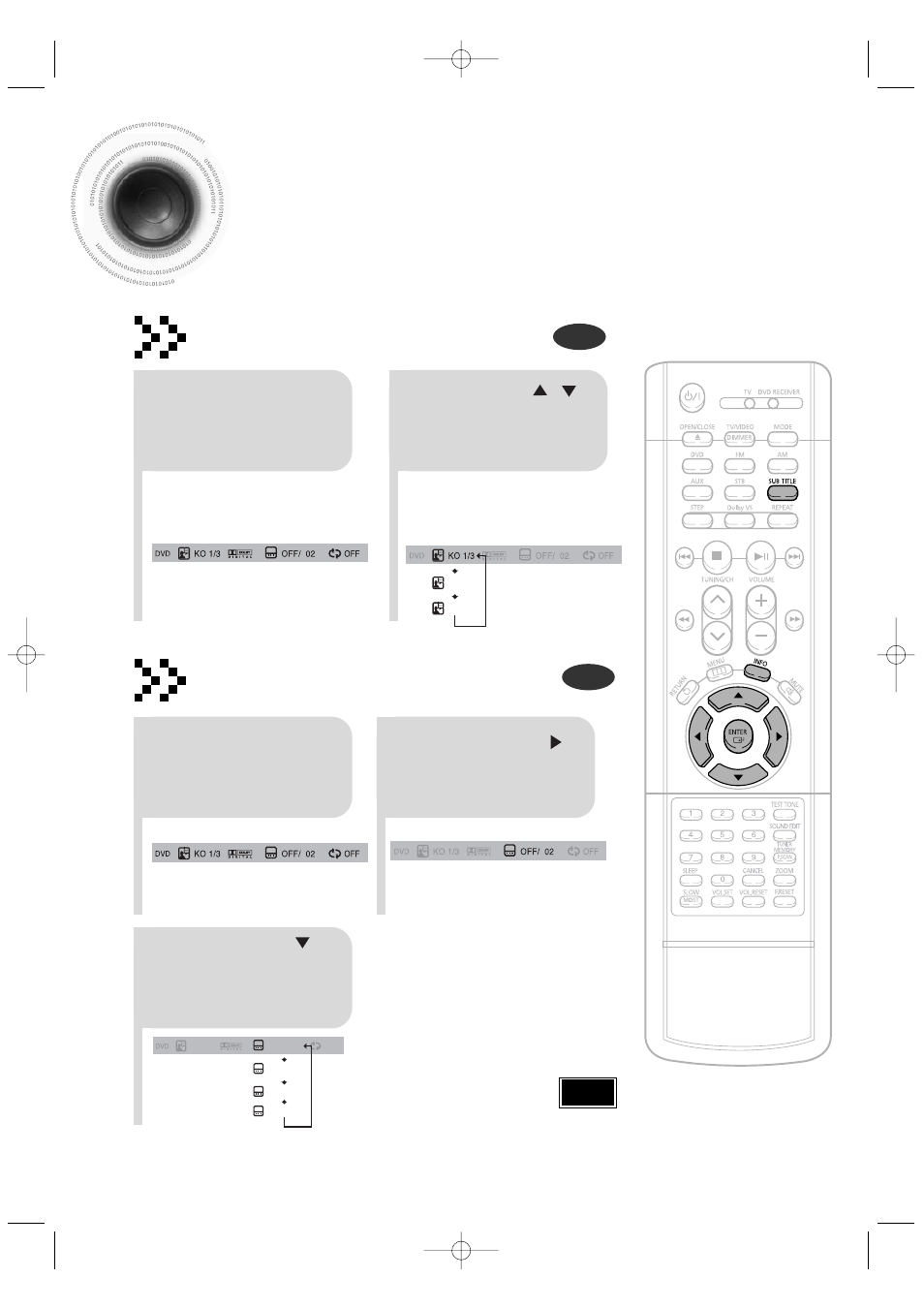 Selecting audio/subtitle language, 31 selecting audio/subtitle language, Audio language selection function | Subtitle language selection function | Samsung HT-DB400M User Manual | Page 32 / 56