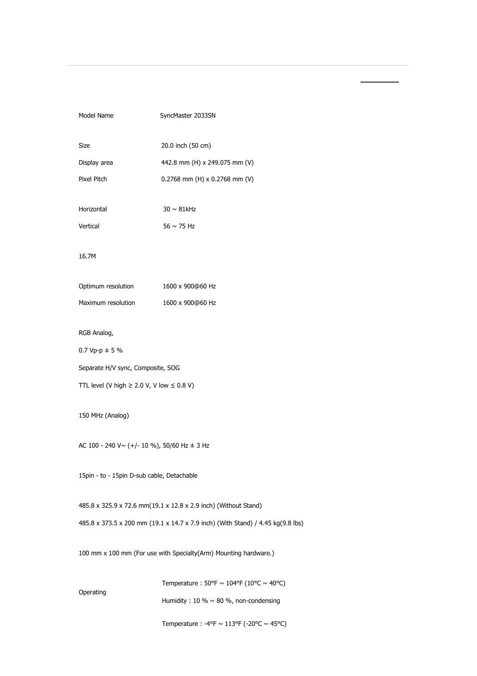 Syncmaster 2033sn, Specifications, General | Samsung 2233GW User Manual | Page 101 / 196