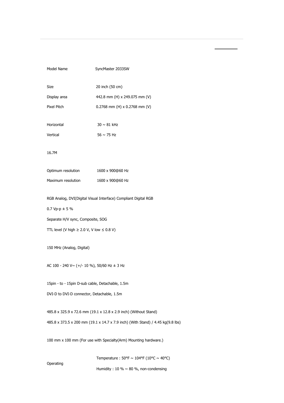 Syncmaster 2033sw, Specifications, General | Samsung 2233GW User Manual | Page 109 / 196