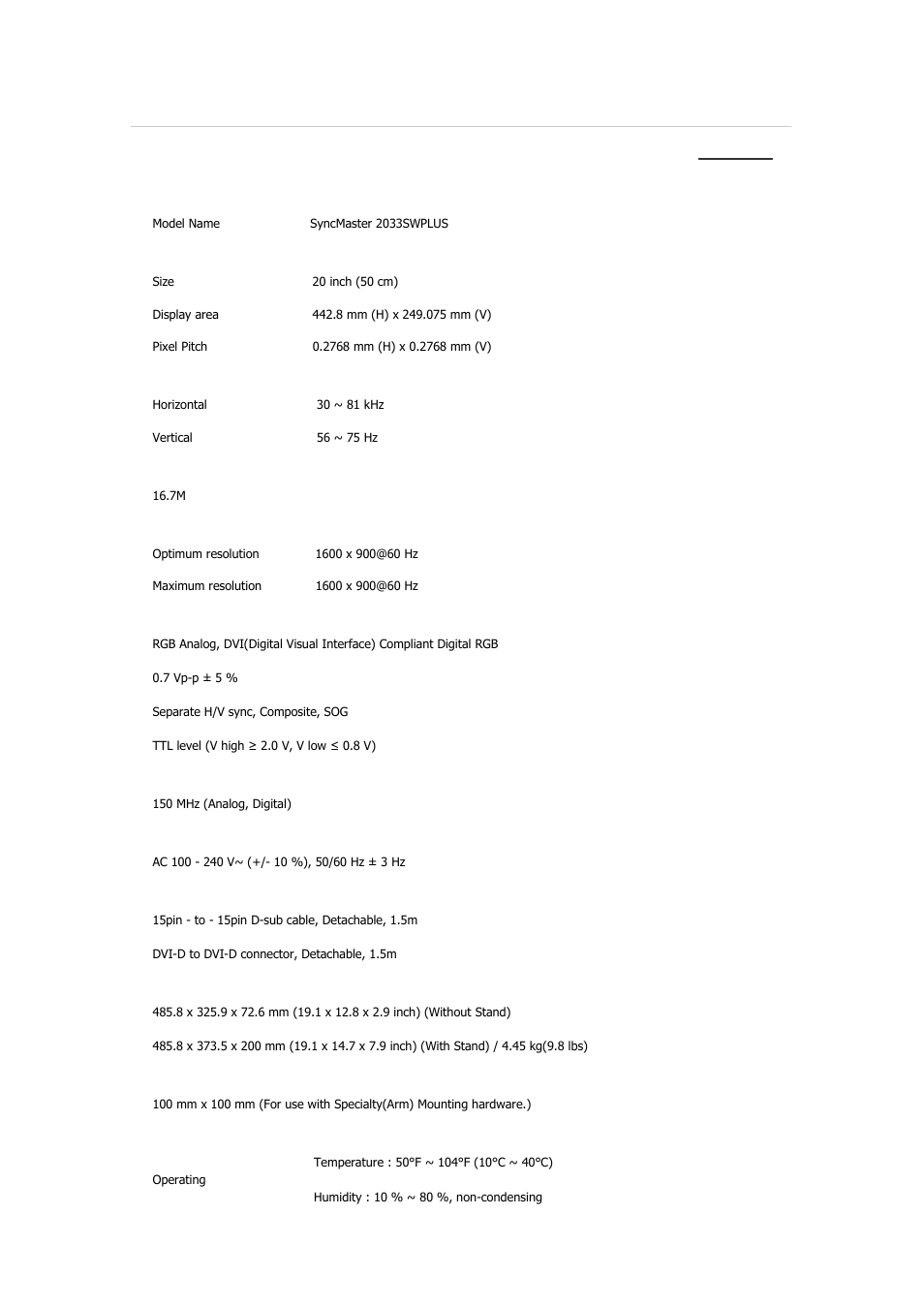 Syncmaster 2033swplus, Specifications, General | Samsung 2233GW User Manual | Page 113 / 196