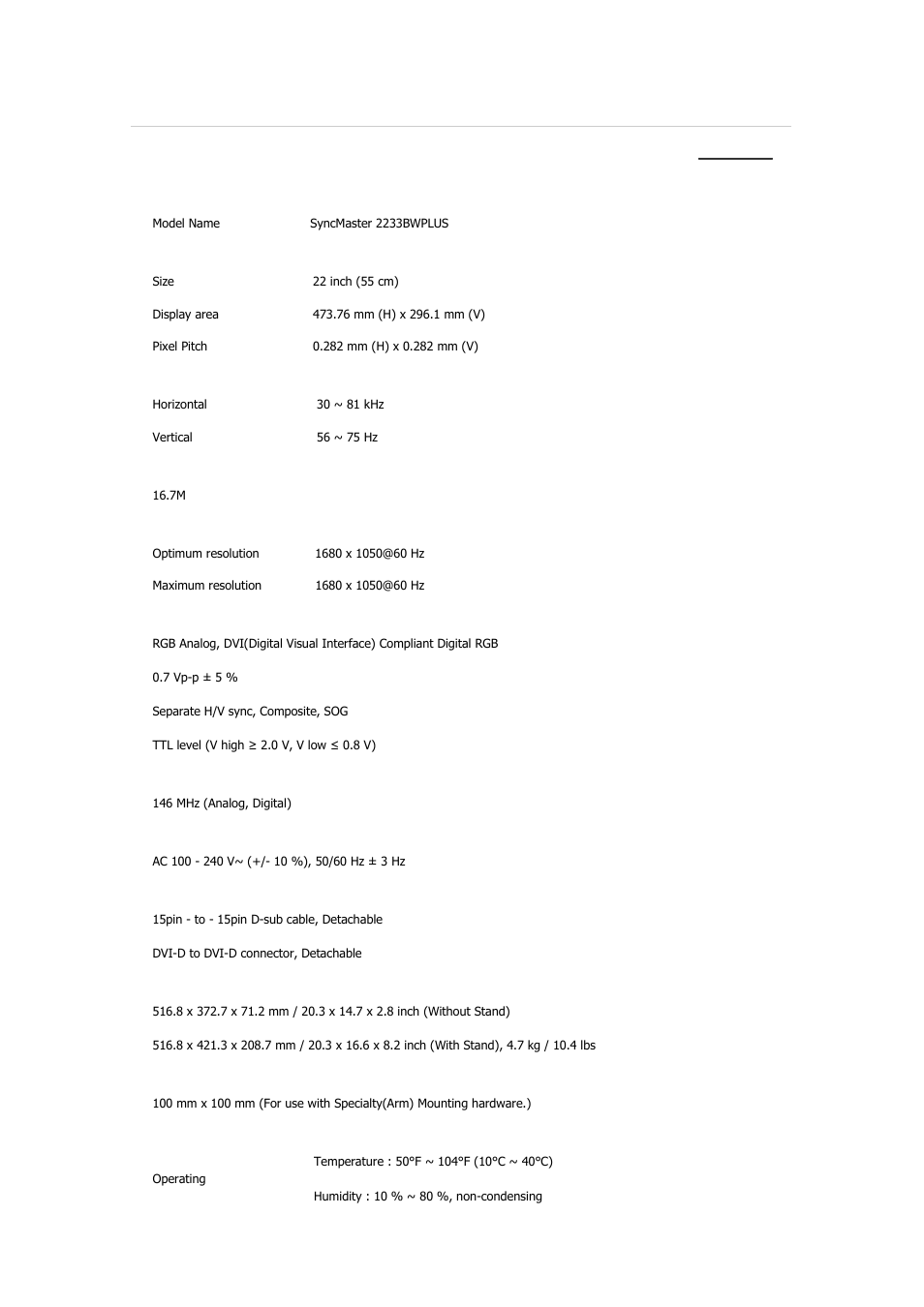 Syncmaster 2233bwplus, Specifications, General | Samsung 2233GW User Manual | Page 121 / 196