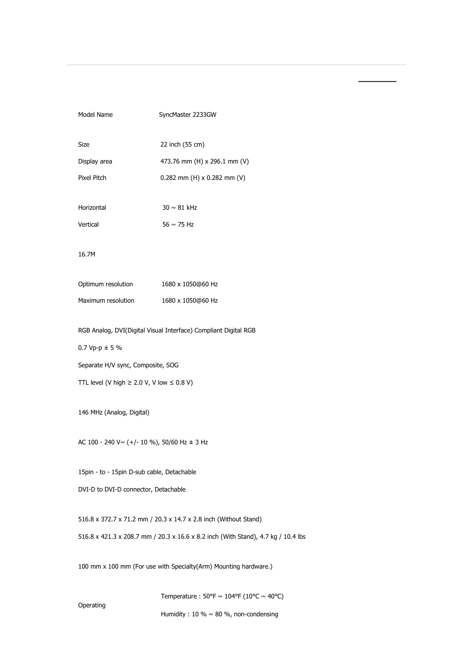 Syncmaster 2233gw, Specifications, General | Samsung 2233GW User Manual | Page 125 / 196