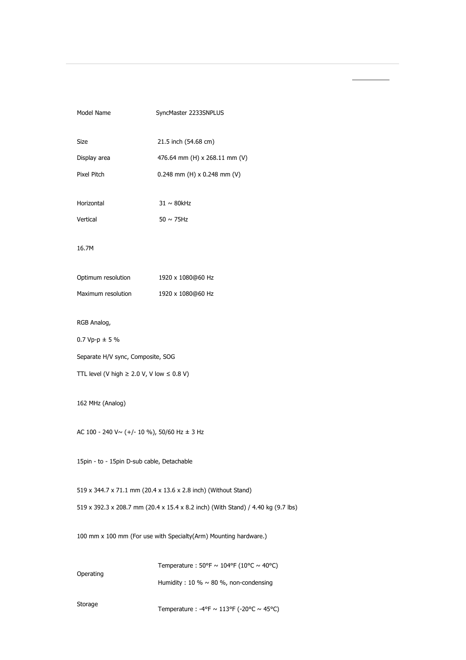 Syncmaster 2233snplus, Specifications, General | Samsung 2233GW User Manual | Page 145 / 196