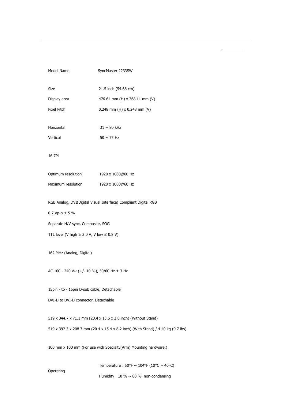 Syncmaster 2233sw, Specifications, General | Samsung 2233GW User Manual | Page 149 / 196