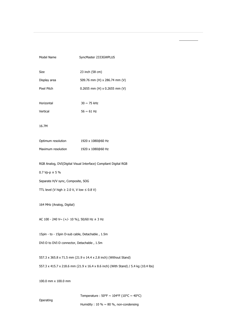 Syncmaster 2333gwplus, Specifications, General | Samsung 2233GW User Manual | Page 157 / 196