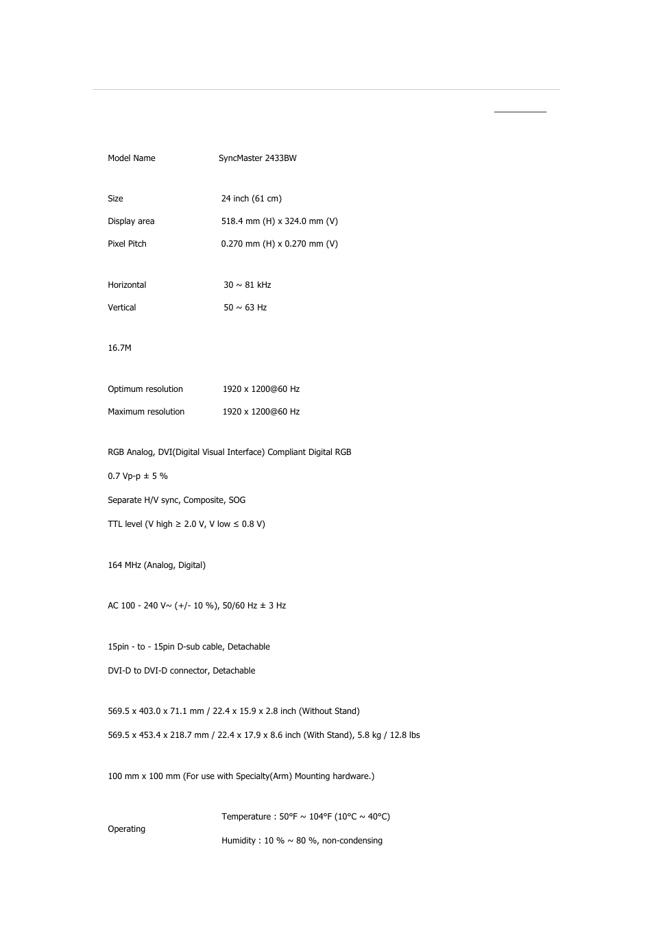 Syncmaster 2433bw, Specifications, General | Samsung 2233GW User Manual | Page 169 / 196