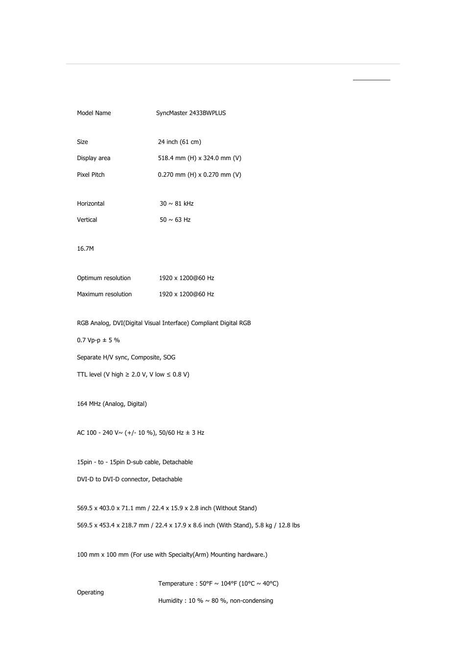 Syncmaster 2433bwplus, Specifications, General | Samsung 2233GW User Manual | Page 173 / 196