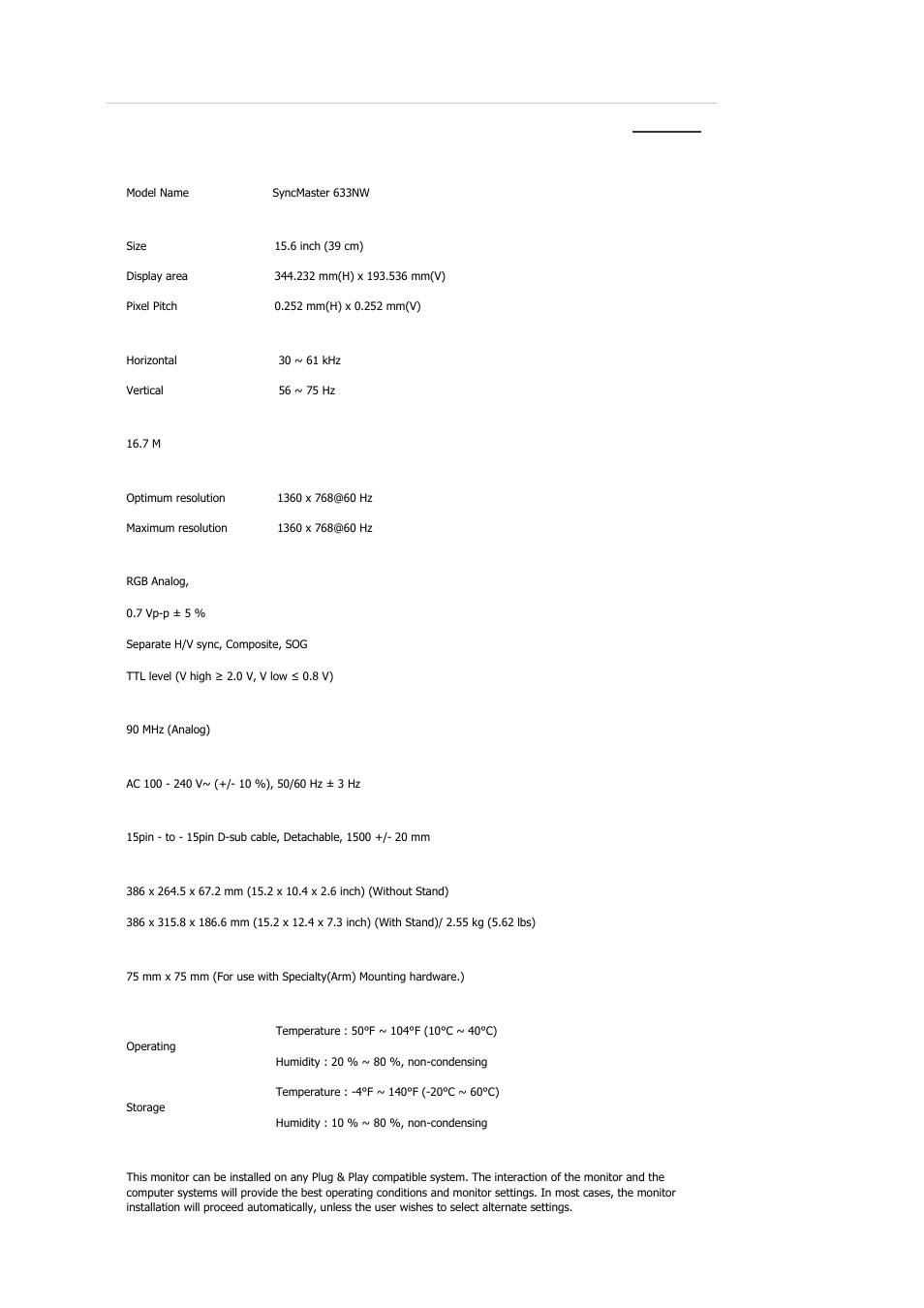 Specifications, Syncmaster 633nw, General | Samsung 2233GW User Manual | Page 45 / 196