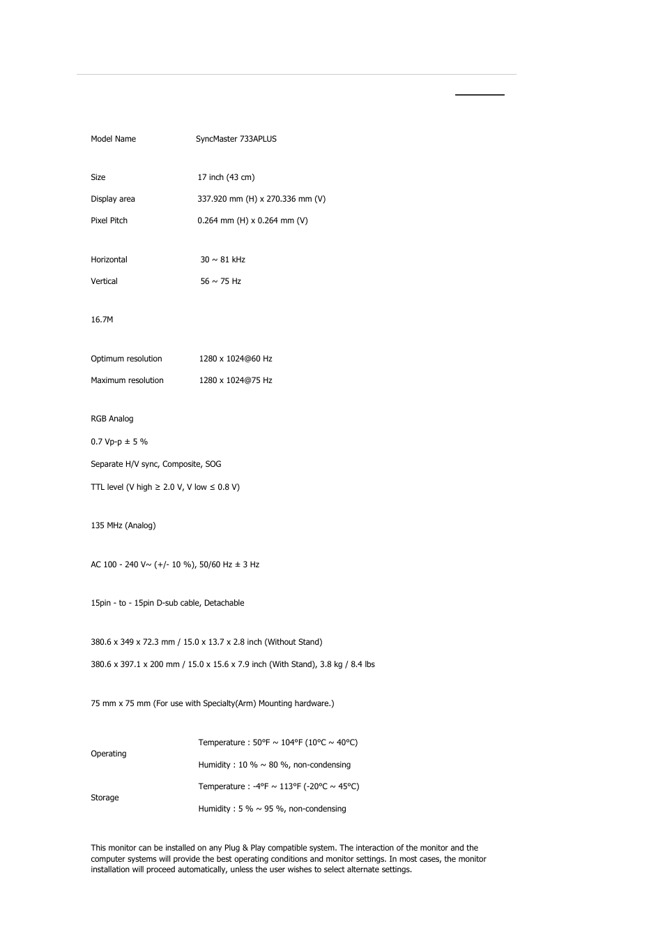 Syncmaster 733aplus, Specifications, General | Samsung 2233GW User Manual | Page 53 / 196