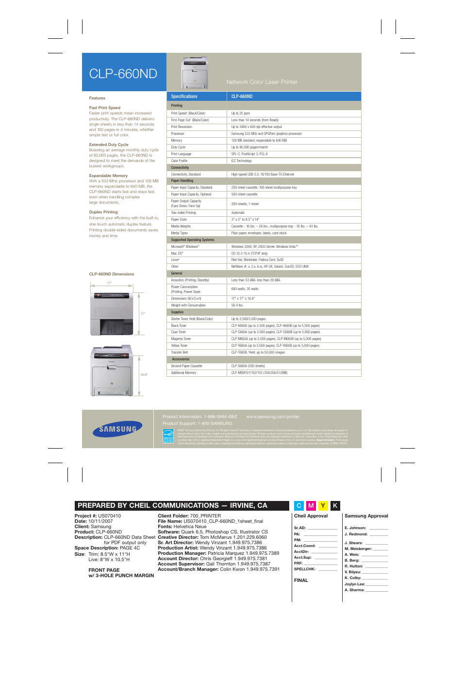 Clp-660nd, Prepared by cheil communications — irvine, ca, Cm y k | Network color laser printer | Samsung CLP-660ND User Manual | Page 2 / 2