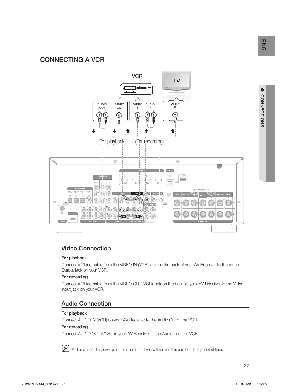 Connecting a vcr, Video connection, Audio connection | Vcr (for playback) (for recording) | Samsung HW-C900-XAA User Manual | Page 27 / 70