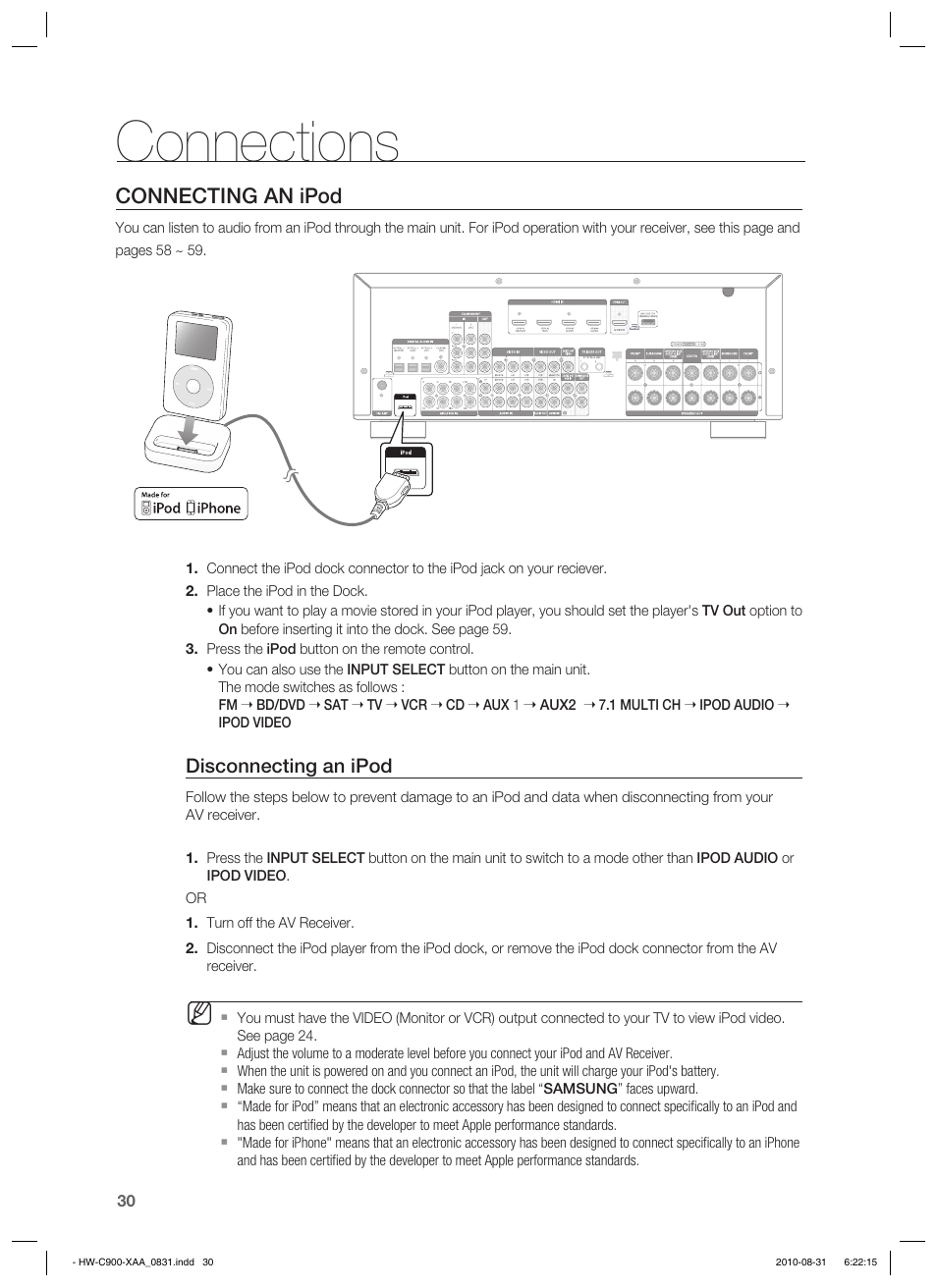 Connecting an ipod, Connections | Samsung HW-C900-XAA User Manual | Page 30 / 70