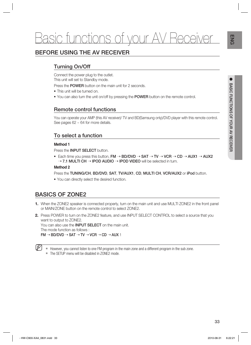 Basic functions of your av receiver, Before using the av receiver, Basics of zone2 | Samsung HW-C900-XAA User Manual | Page 33 / 70