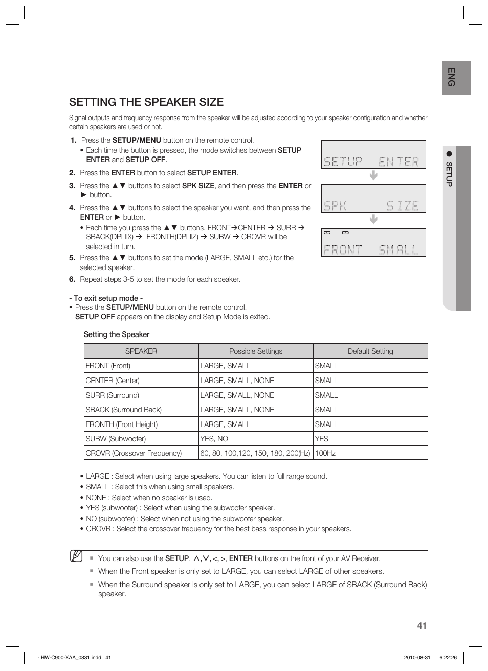 Setting the speaker size | Samsung HW-C900-XAA User Manual | Page 41 / 70