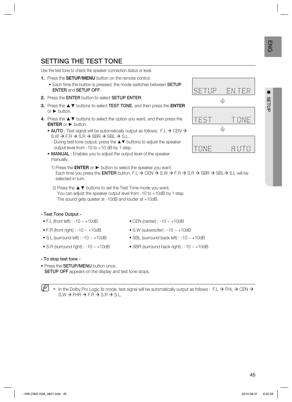 Setting the test tone | Samsung HW-C900-XAA User Manual | Page 45 / 70