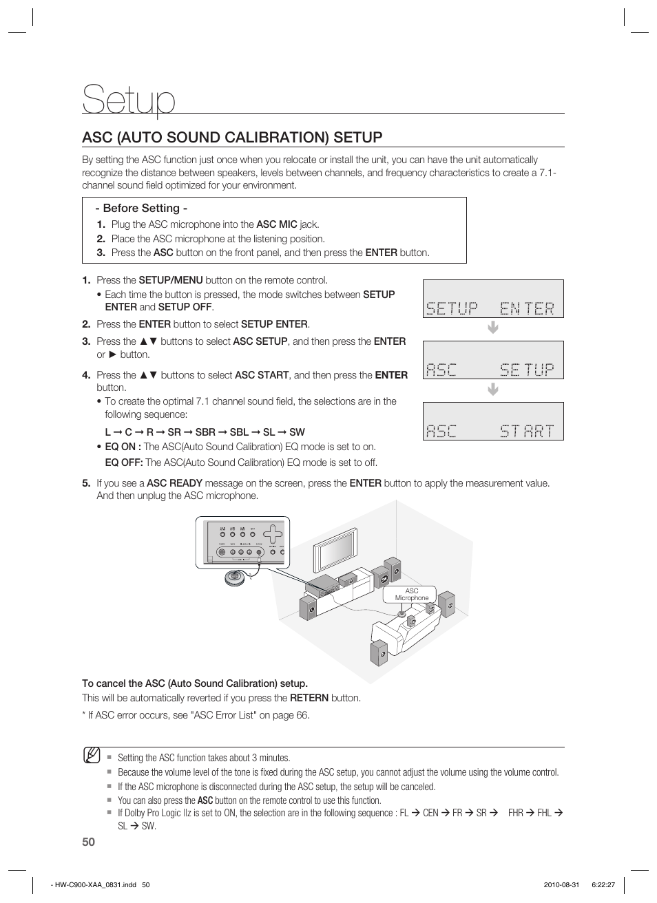 Asc (auto sound calibration) setup, Setup | Samsung HW-C900-XAA User Manual | Page 50 / 70