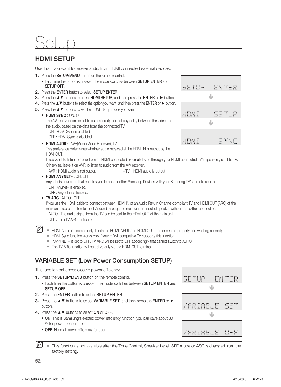 Hdmi setup, Variable set (low power consumption setup), Setup | Samsung HW-C900-XAA User Manual | Page 52 / 70