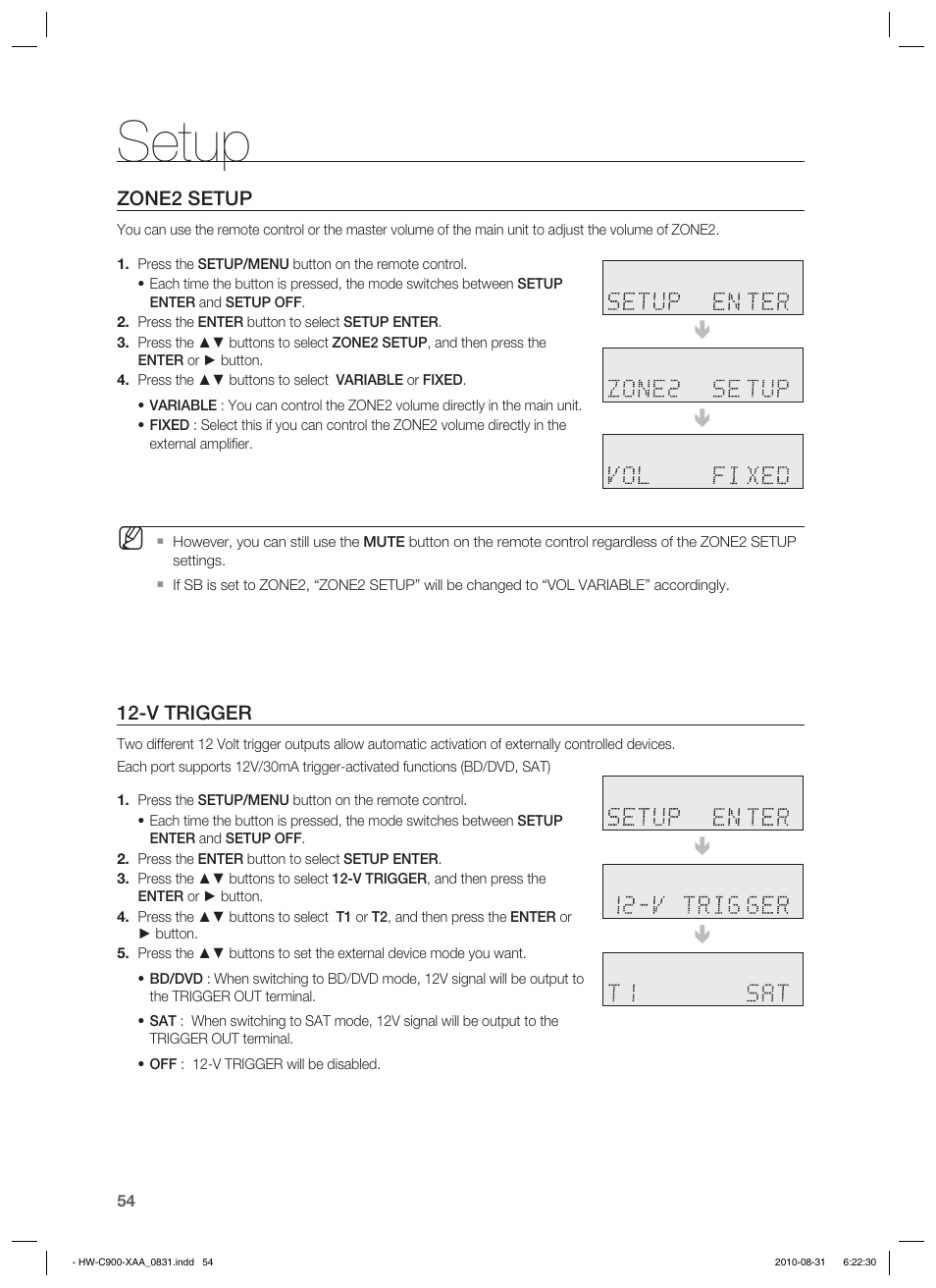 Zone2 setup, V trigger, Setup | Samsung HW-C900-XAA User Manual | Page 54 / 70