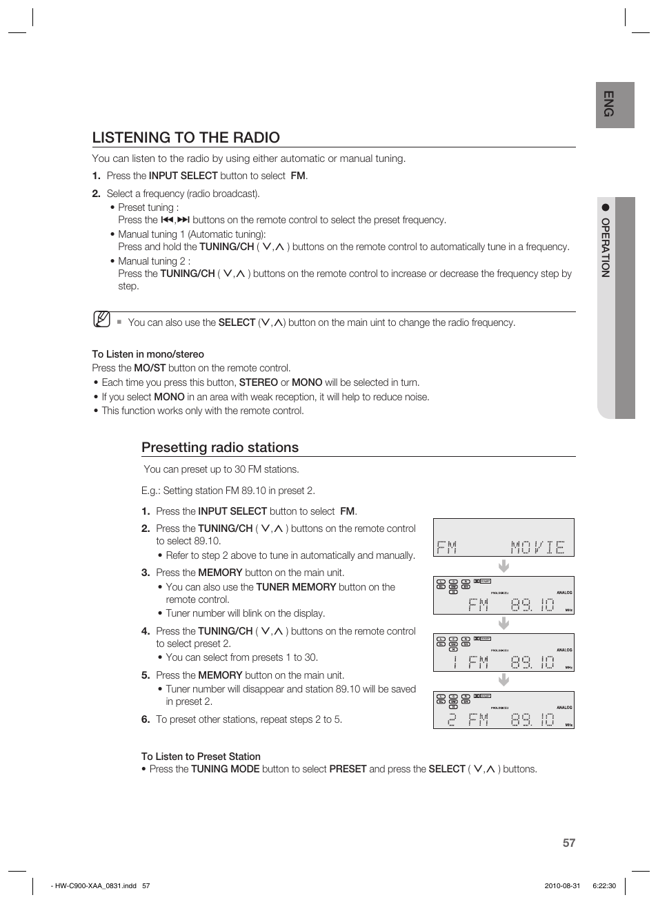 Listening to the radio, Presetting radio stations | Samsung HW-C900-XAA User Manual | Page 57 / 70