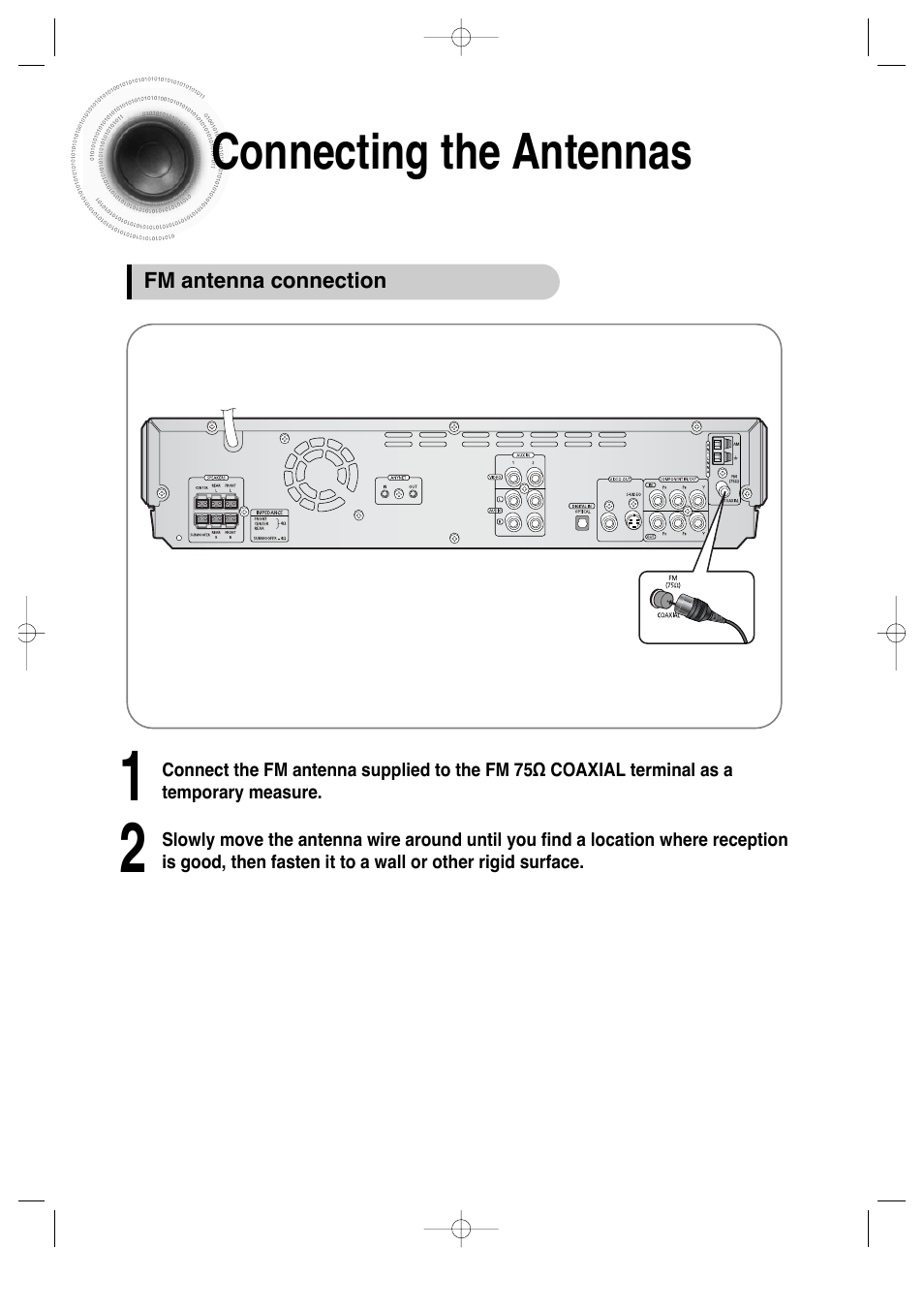 Connecting the antennas, Connecting the antennas 19 | Samsung HT-DS660 User Manual | Page 20 / 82