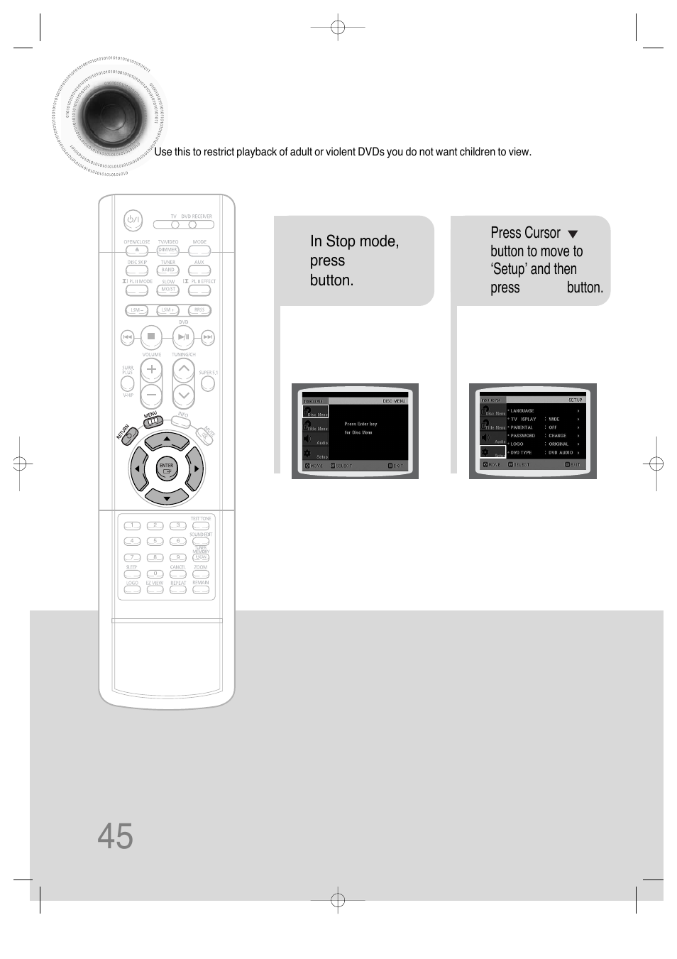 Setting parental controls (rating level), 45 setting parental controls (rating level) | Samsung HT-DS660 User Manual | Page 46 / 82