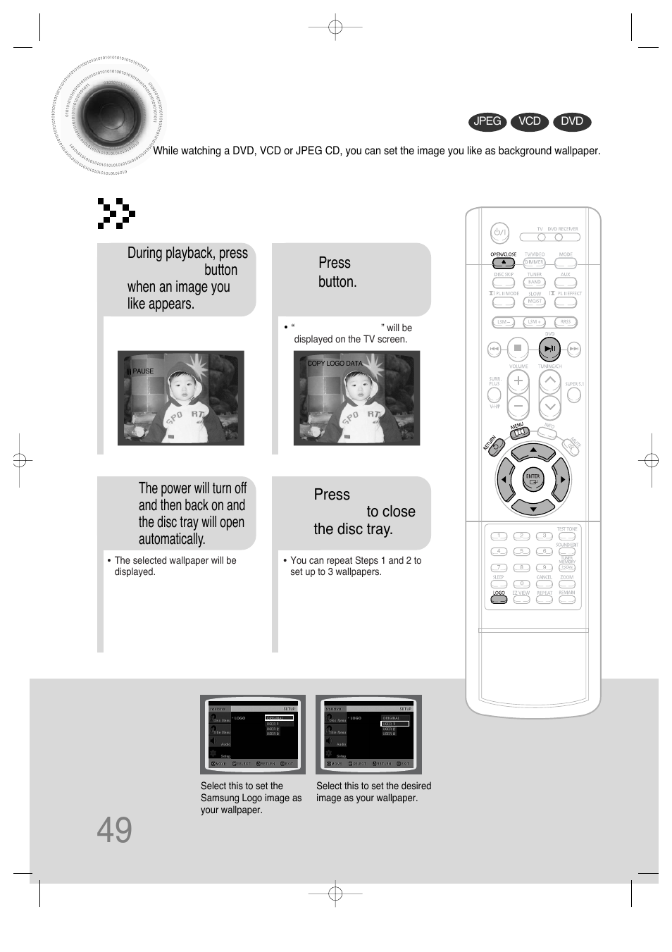 Setting the wallpaper, 49 setting the wallpaper | Samsung HT-DS660 User Manual | Page 50 / 82